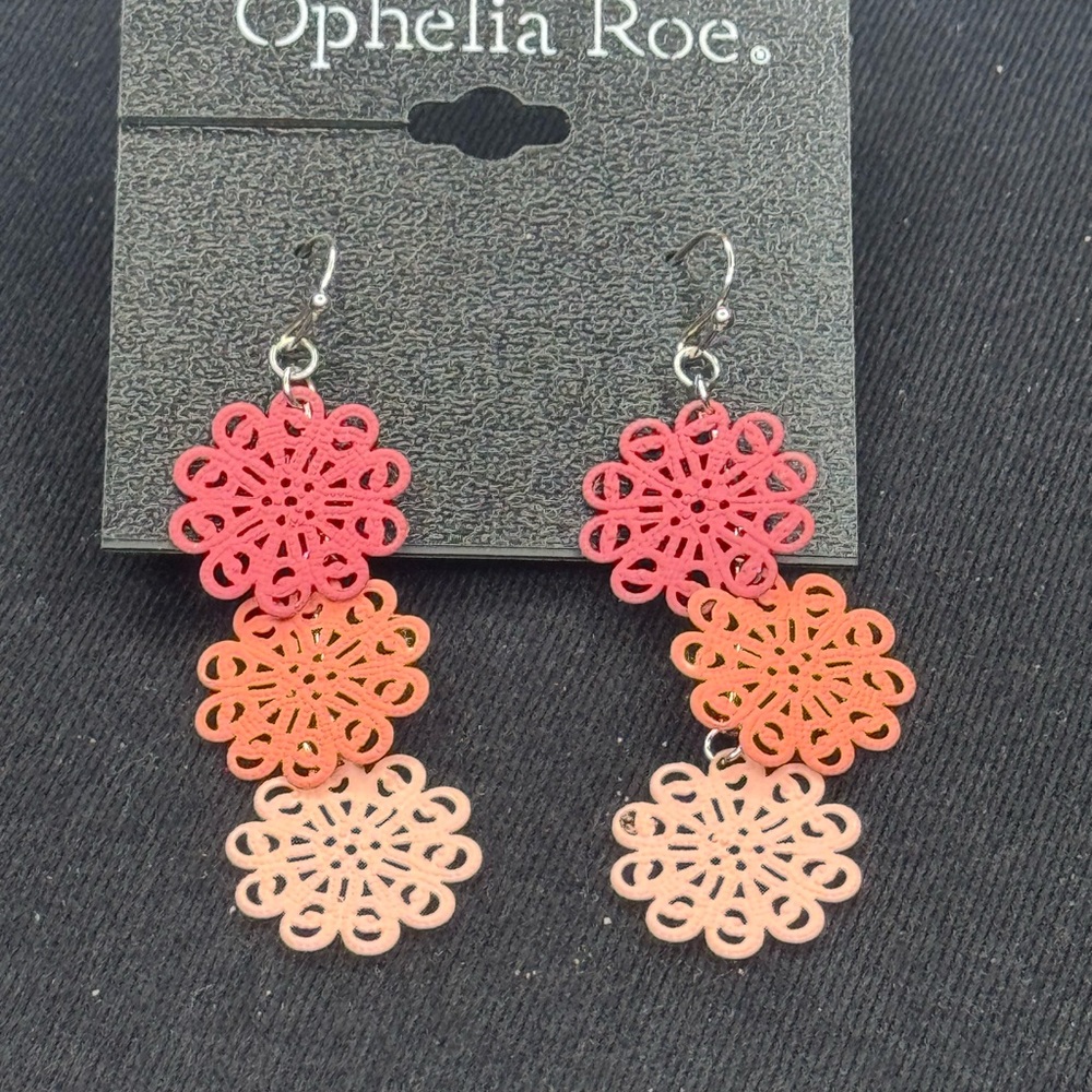 Ophelia Roe Pink and Orange Filigree Medallion Earrings 2.75 inch
